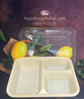 Hộp nhựa 3 ngăn màu kem đựng cơm dùng 1 lần