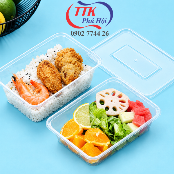 Hộp nhựa chữ nhật đen đựng trái cây, thịt, hải sản, sushi...650ml