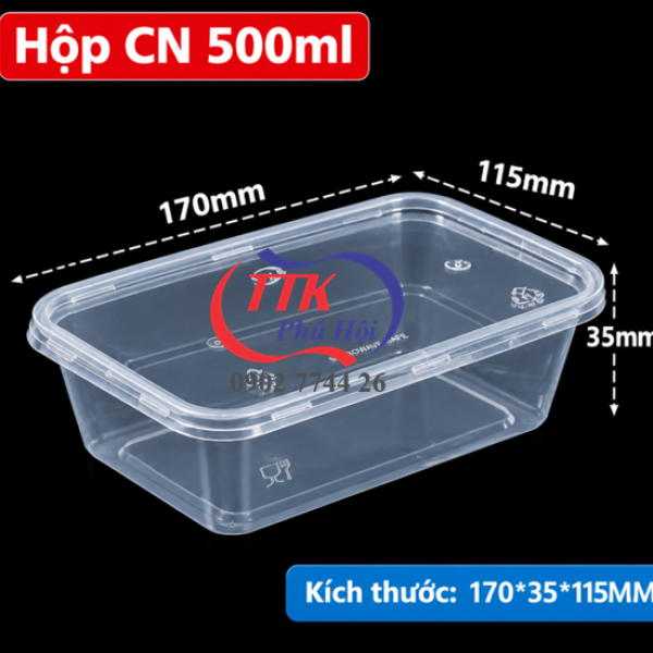 Hộp nhựa chữ nhật đựng cơm, bún, mì cháo, bánh 500ml