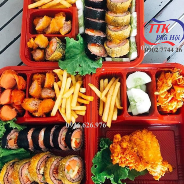 Hộp nhựa đựng cơm 4 ngăn đỏ đen cao cấp
