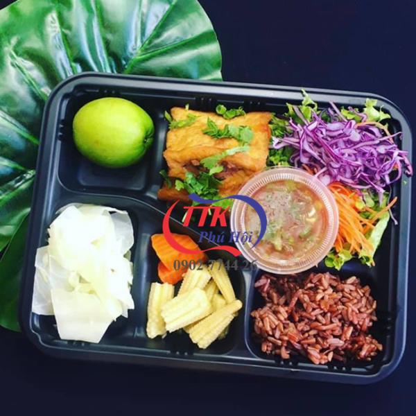 Hộp nhựa đựng cơm 5 ngăn đỏ đen cao cấp