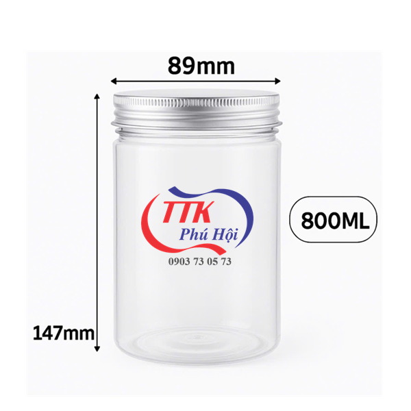 Hũ nhựa nắp nhôm vặn 800ml đựng đậu phộng, ngũ cốc