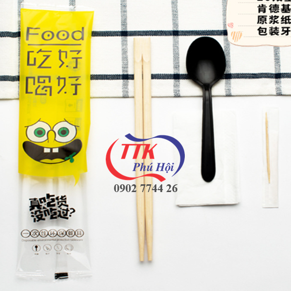 In túi combo muỗng đũa tăm giấy dùng 1 lần
