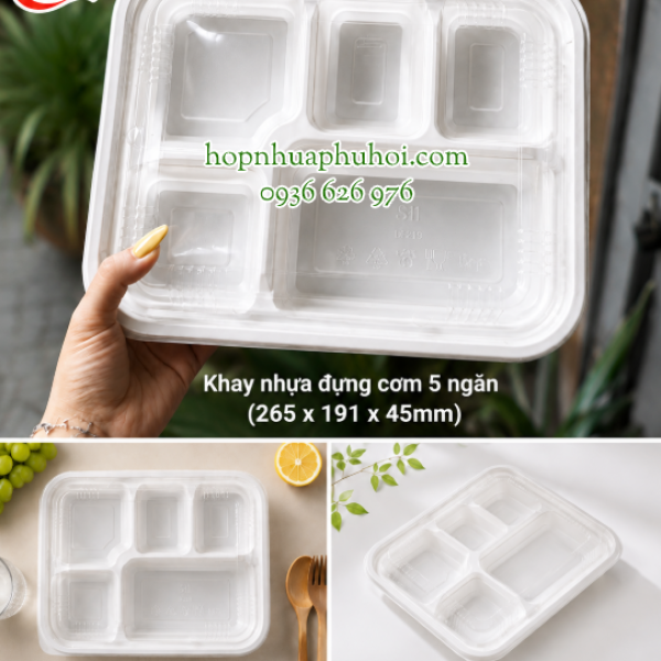 Khay nhựa đựng cơm 5 ngăn trắng