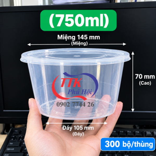Thố nhựa có nắp đế trong đựng phở, hủ hiếu...750ml