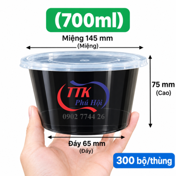 Thố nhựa đen đựng cháo, bún, phở...700ml
