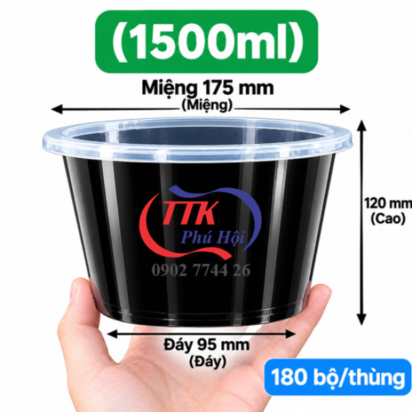Thố nhựa đen đựng hủ hiếu, phở, cháo.. 1500ml