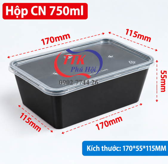 Hộp nhựa chữ nhật đen đựng bún, cháo, hải sản, sushi...750ml