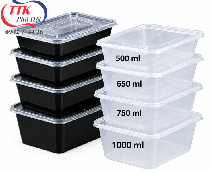 Hộp nhựa chữ nhật đen đựng bún, cháo, hải sản, sushi...750ml