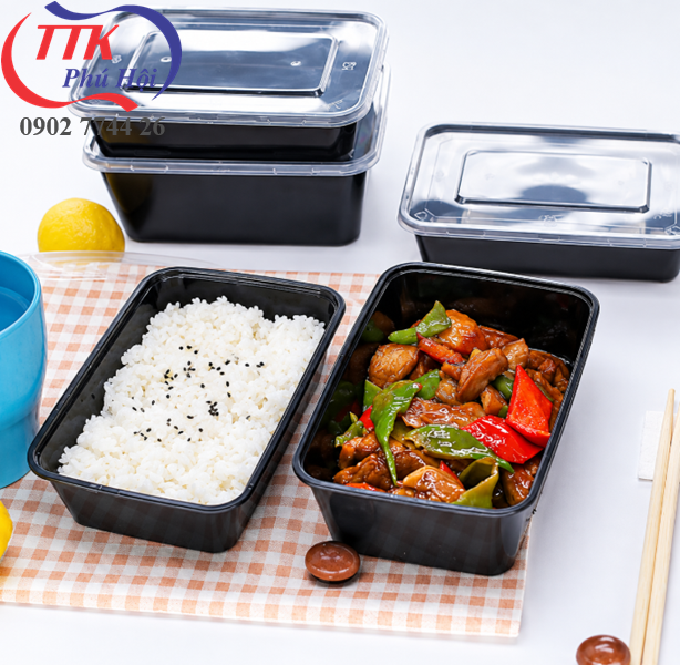 Hộp nhựa chữ nhật đen đựng bún, mì cháo, bánh, trái cây 1000ml