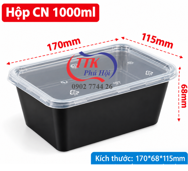 Hộp nhựa chữ nhật đen đựng bún, mì cháo, bánh, trái cây 1000ml