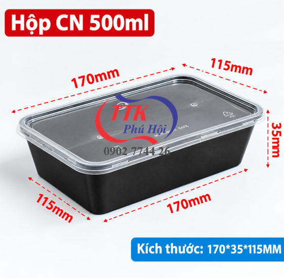 Hộp nhựa chữ nhật đen đựng trái cây, thịt, hải sản, ... 500ml