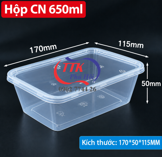 Hộp nhựa chữ nhật đựng bún, canh, mì cháo, bánh 650ml