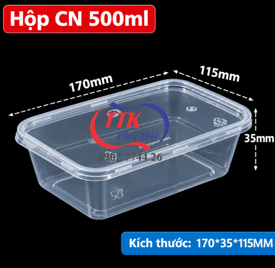 Hộp nhựa chữ nhật đựng cơm, bún, mì cháo, bánh 500ml