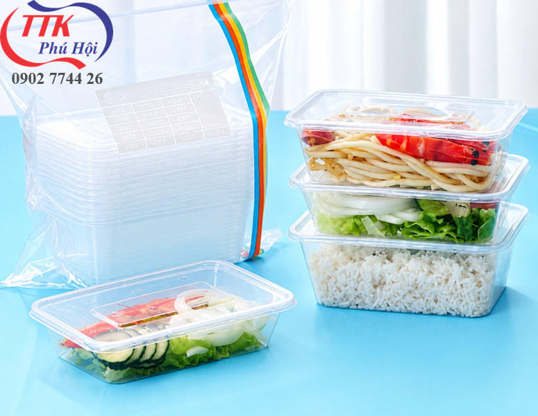 Hộp nhựa chữ nhật đựng rau củ, salad, đồ ăn, bún, mì 1000ml