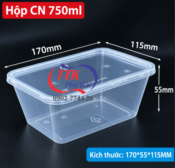 Hộp nhựa chữ nhật đựng thịt, hải sản, sushi...750ml