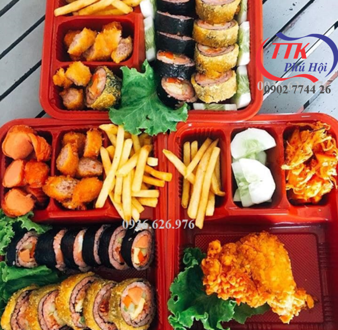 Hộp nhựa đựng cơm 4 ngăn đỏ đen cao cấp