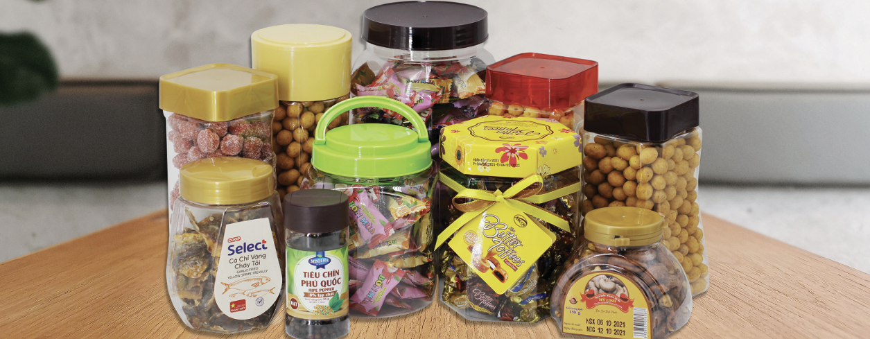 Hũ nhựa nắp nhựa đựng kẹo dẻo, kẹo me