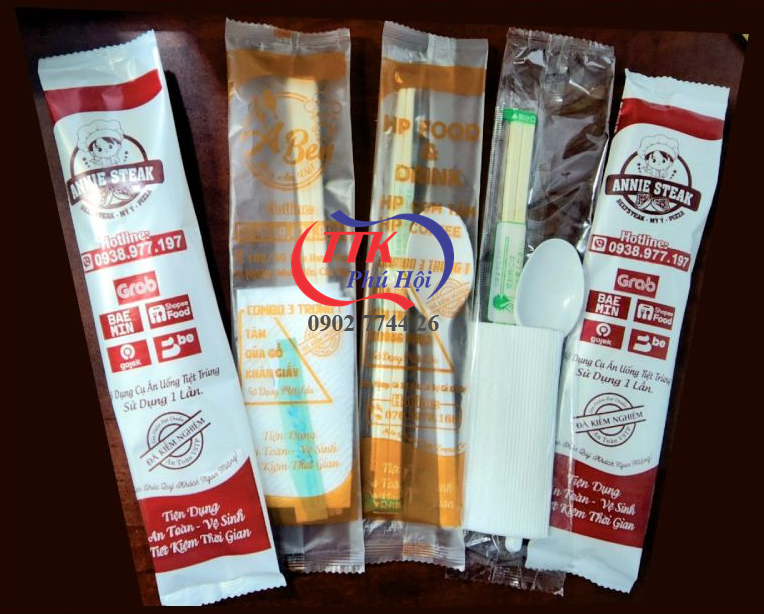 In túi combo muỗng đũa tăm giấy dùng 1 lần