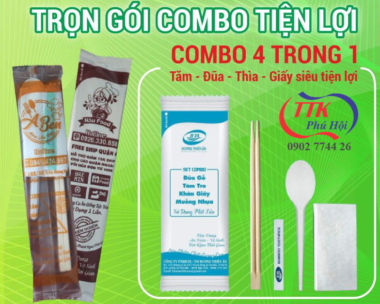 In vỏ combo muỗng đũa tăm giấy nhà hàng