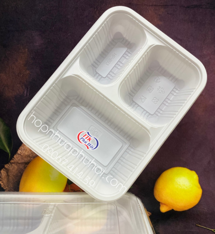 Khay nhựa đựng cơm 3 ngăn trắng