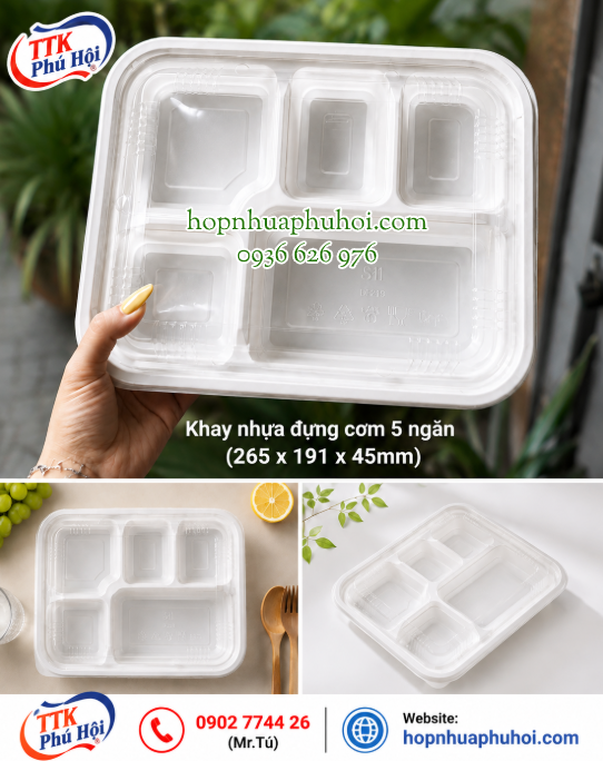 Khay nhựa đựng cơm 5 ngăn trắng