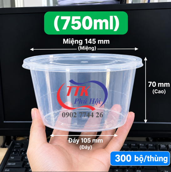 Thố nhựa có nắp đế trong đựng phở, hủ hiếu...750ml