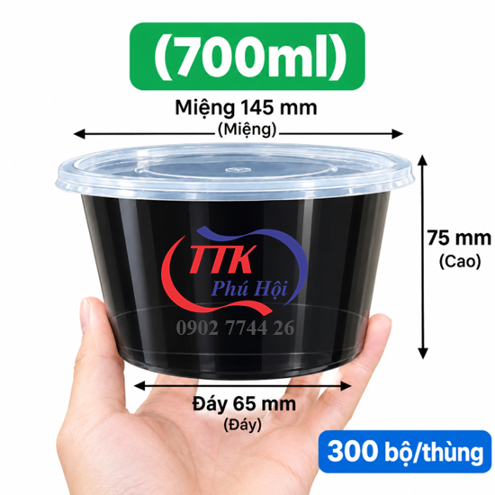 Thố nhựa đen đựng cháo, bún, phở...700ml
