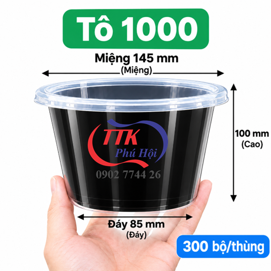 Thố nhựa đen đựng chè, bún, hủ tiếu, cháo...1000ml