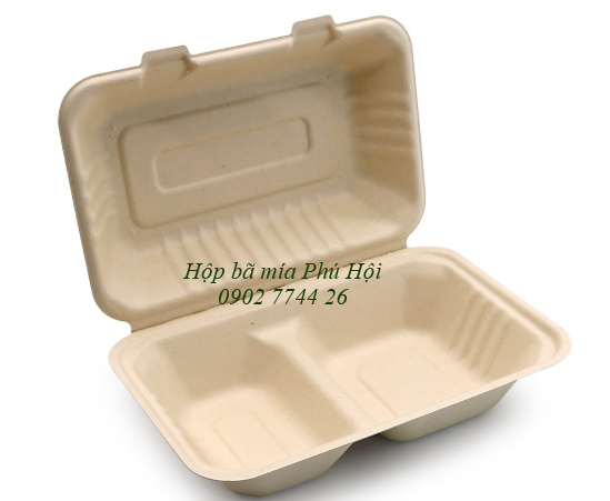 Hộp bã mía 2 ngăn nắp liền 800ml