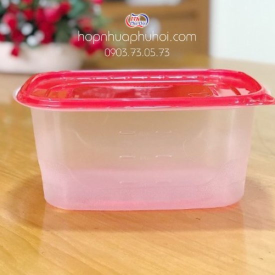 Hộp nhựa chữ nhật nắp đỏ 1900ml đựng salad trái cây
