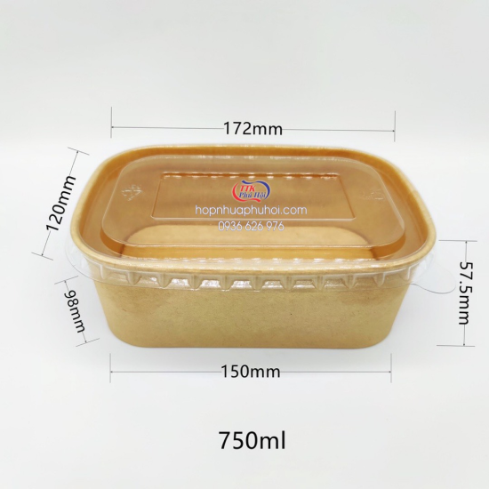 Hộp giấy Kraft 750ml hình chữ nhật( có nắp nhựa)
